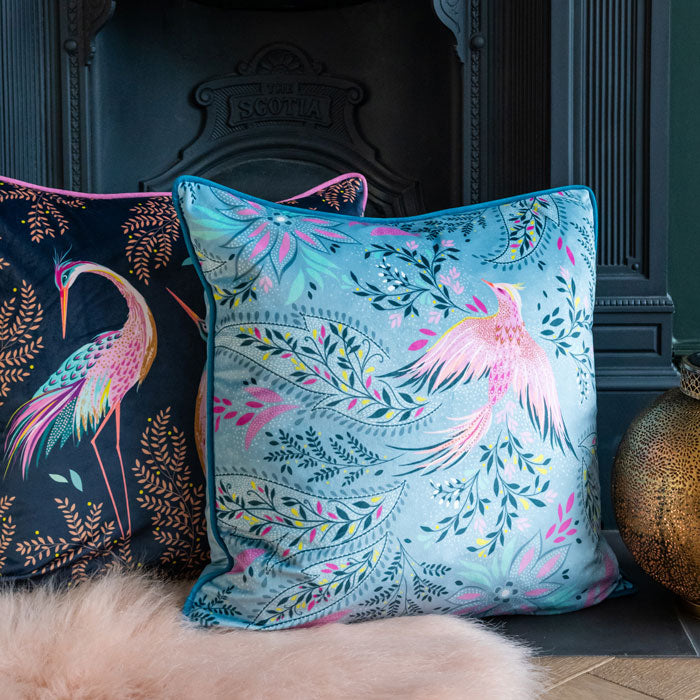 Dusky Blue Bird of Paradise Velvet Cushion