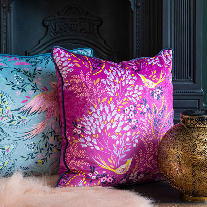Dusky Blue Bird of Paradise Velvet Cushion