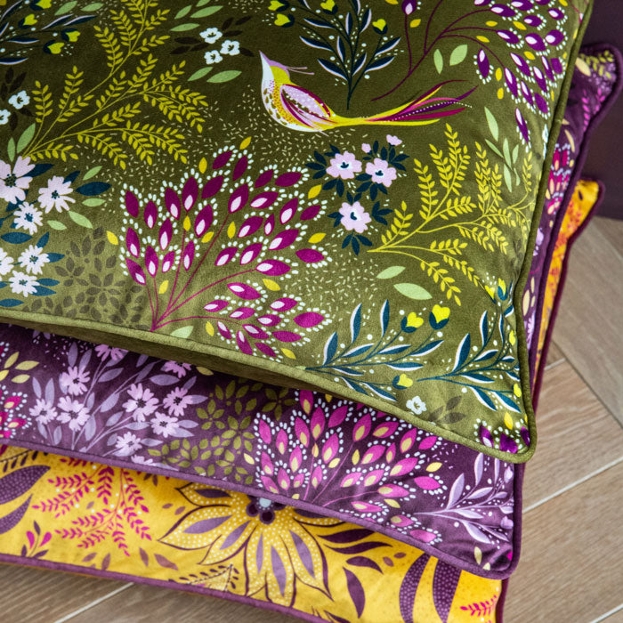 Olive Songbird Velvet Cushion