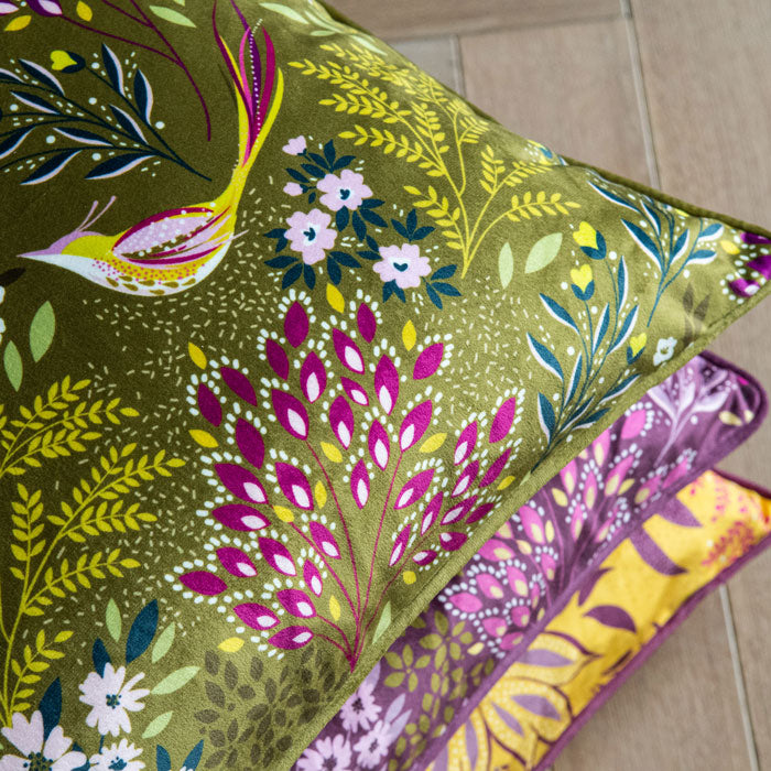 Olive Songbird Velvet Cushion