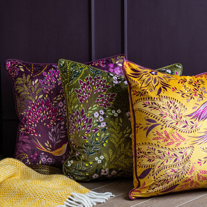 Olive Songbird Velvet Cushion