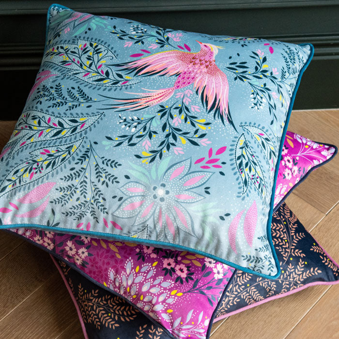 Dusky Blue Bird of Paradise Velvet Cushion