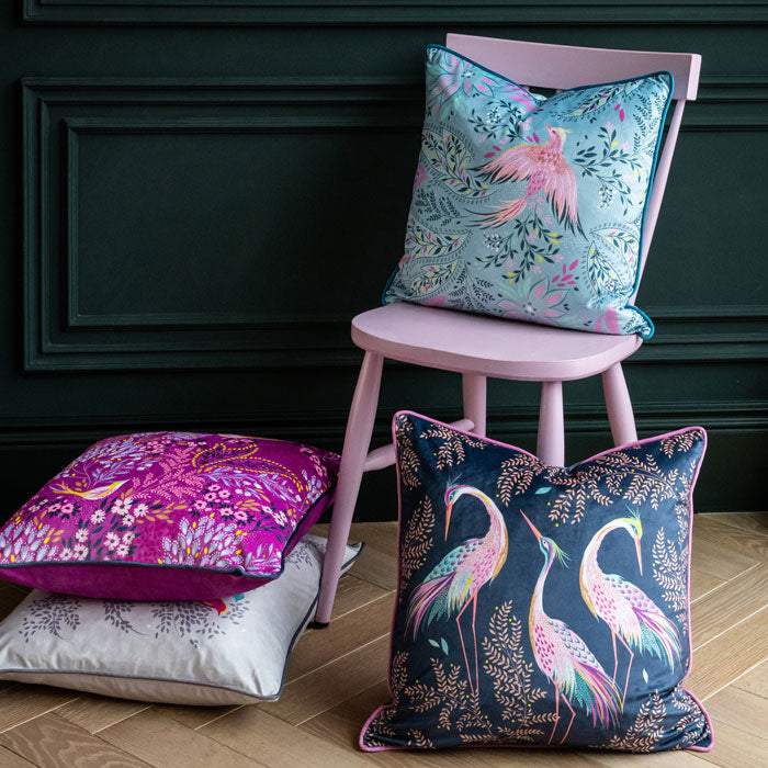 Midnight Dancing Cranes Velvet Cushion