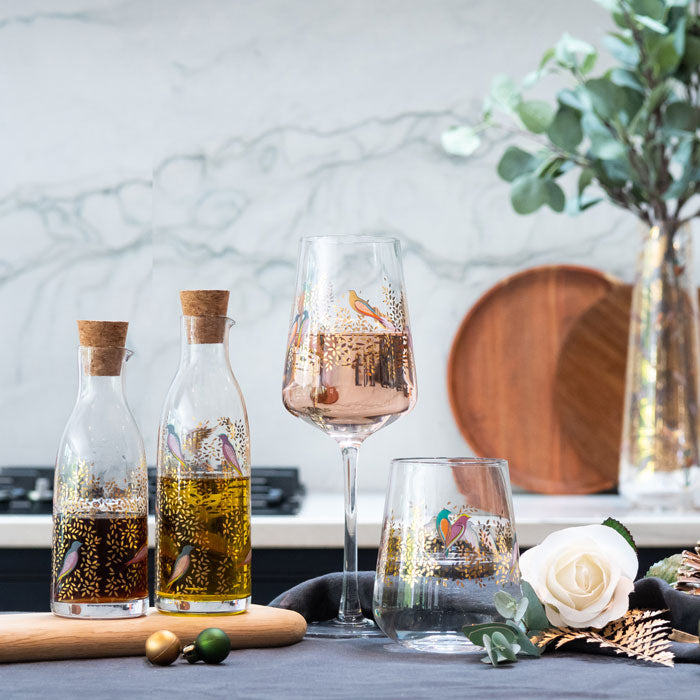 Gold Leaves & Birds Wine Glass - Set of 2