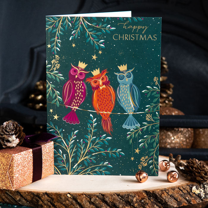 Woodland Tales Owls In Crowns Christmas Card