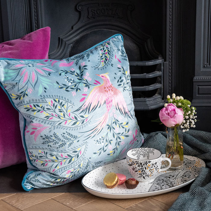 Dusky Blue Bird of Paradise Velvet Cushion