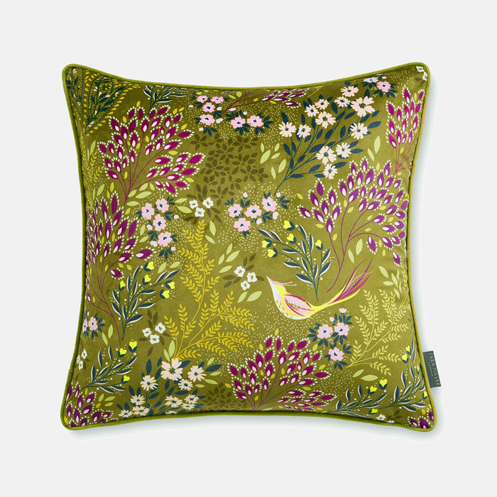 Olive Songbird Velvet Cushion