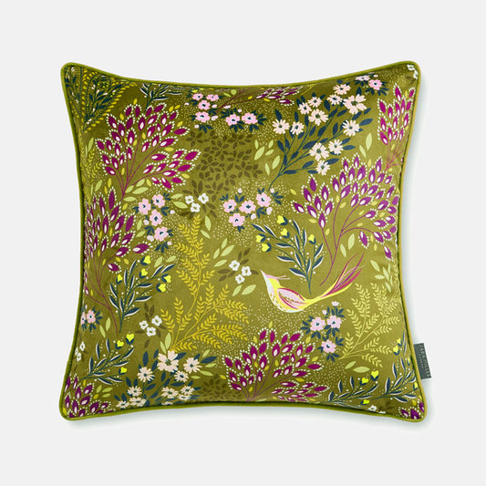 Olive Songbird Velvet Cushion
