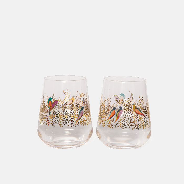 Gold Leaves & Birds Glass Tumbler - Set of 2