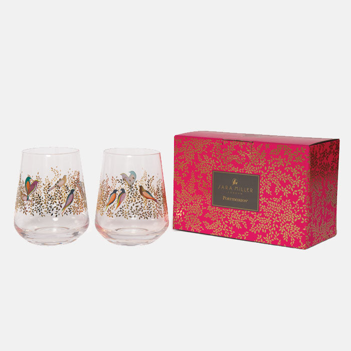 Gold Leaves & Birds Glass Tumbler - Set of 2
