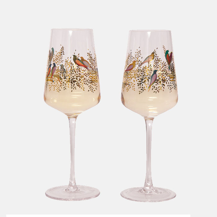 Gold Leaves & Birds Wine Glass - Set of 2