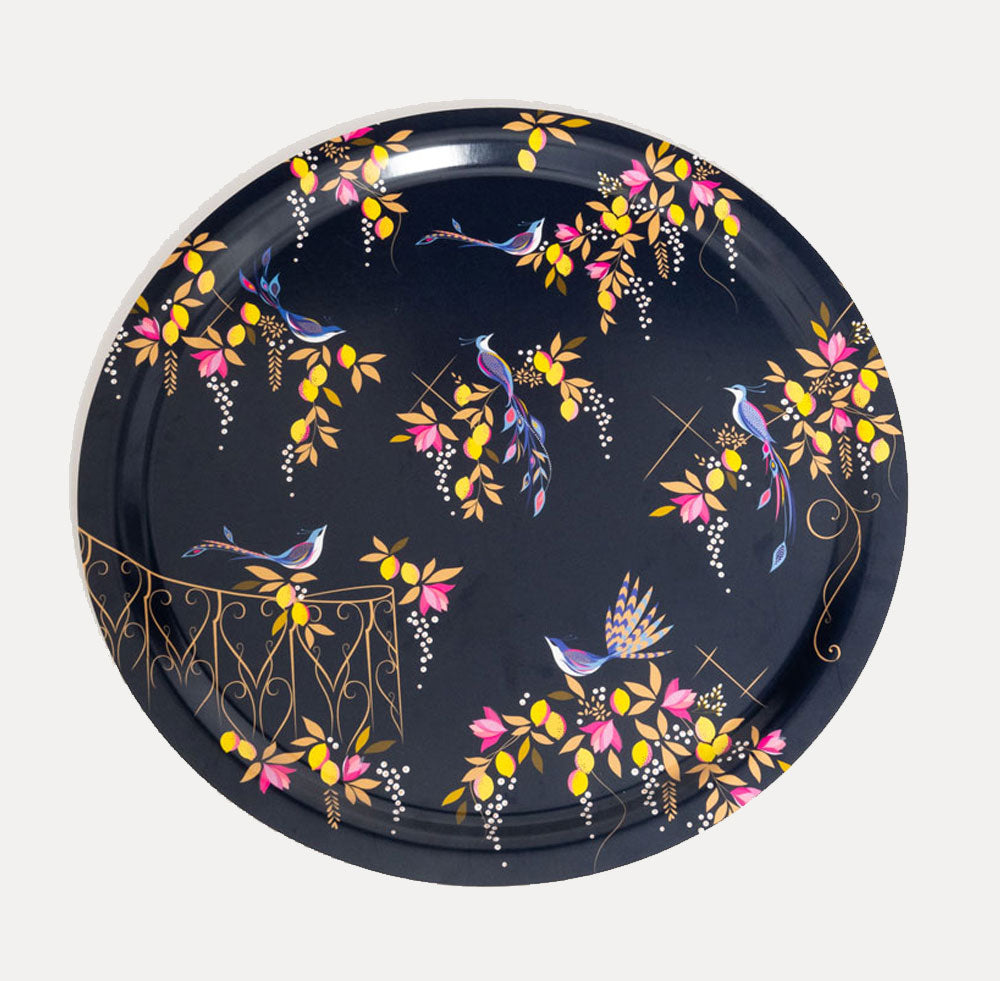 Navy Orchard Birds Birch Wood Tray