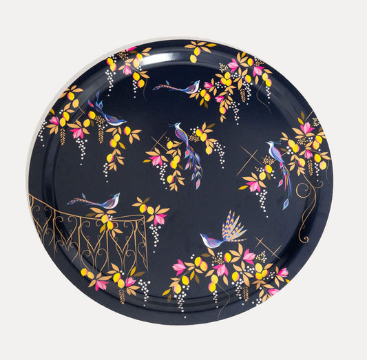 Navy Orchard Birds Birch Wood Tray