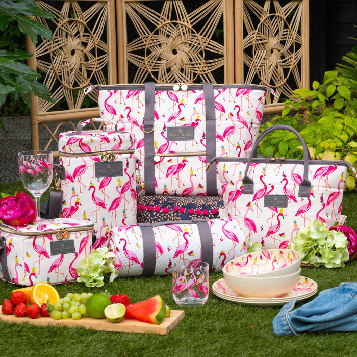 Flamingo patterned picnicware in the garden