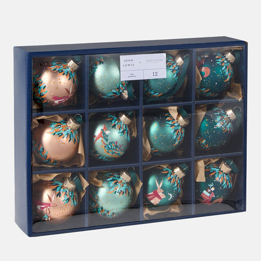 Set of decorative Christmas baubles in a box with branding.