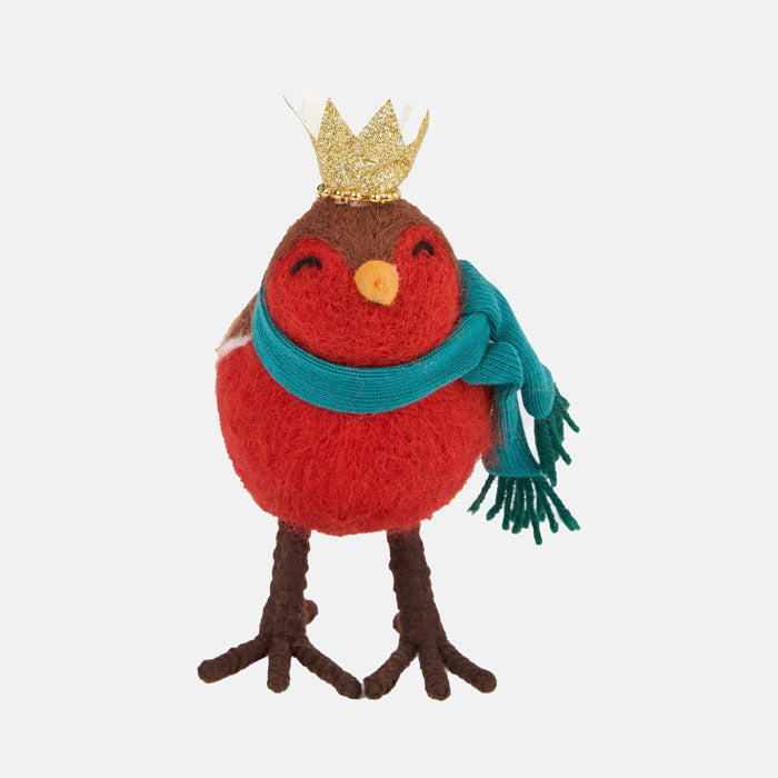 Robin figurine with a gold crown and teal scarf on a white background