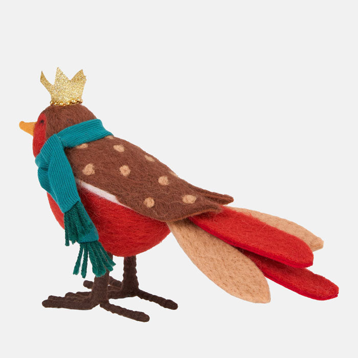Decorative robin figurine with a crown and scarf on a white background