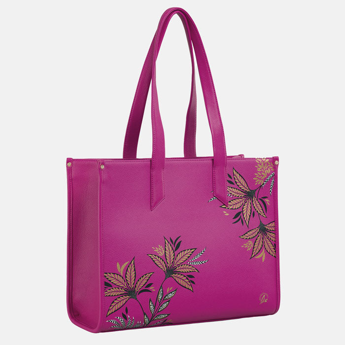 Pink Boxy Tote bag with botanic leaves design, white background.