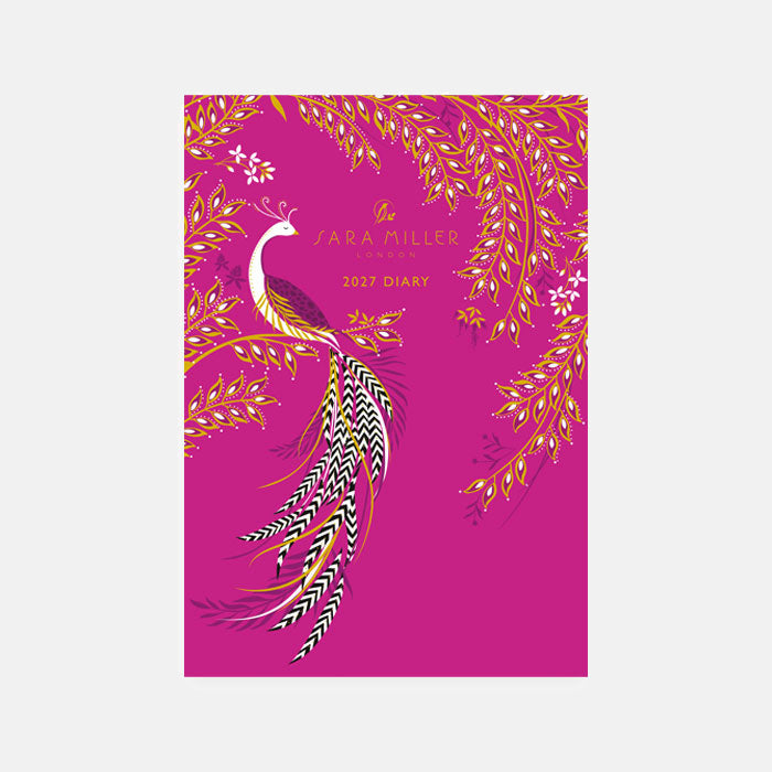 A vibrant pink A5 flexi diary with elegant bird design, gold embellishment.