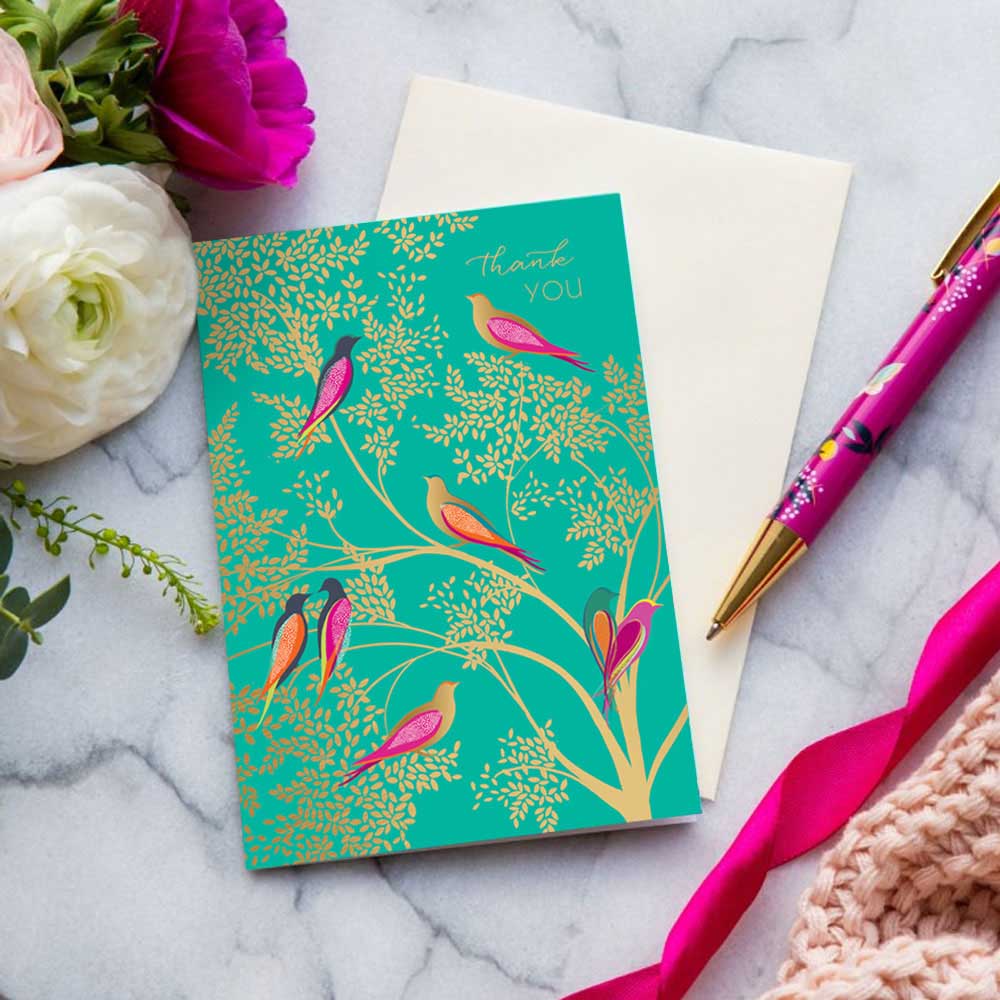 Green Birds 'Thank you' Notecard  - Set of 10 Cards