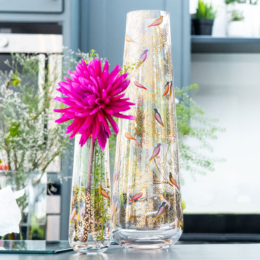 Tall Gold Leaves & Birds Glass Vase