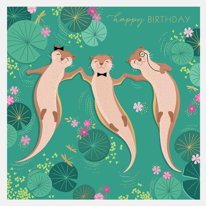 Birthday card with three cartoon otters on a green background with flowers and lily pads.