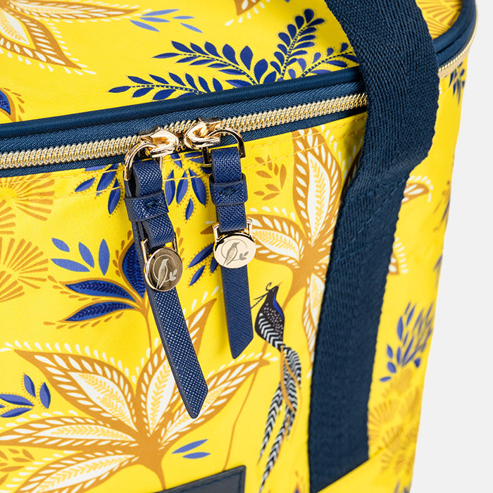 Yellow bag with blue floral pattern and gold zipper on a white background