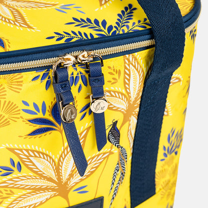 Yellow bag with blue floral pattern and gold zipper on a white background