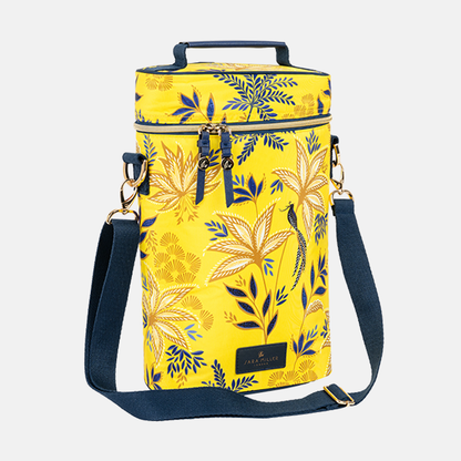 Yellow floral-patterned cooler bag with a blue strap on a white background
