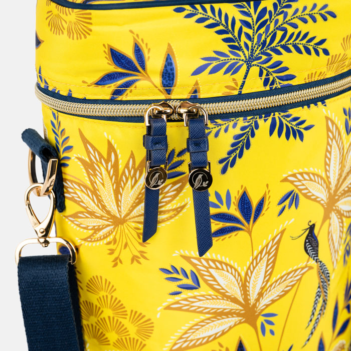 Yellow cooler bag with blue floral pattern and strap