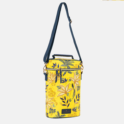 Yellow floral-patterned cooler bag with a blue strap on a white background
