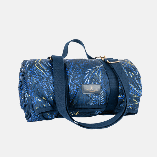 Indigo peacock patterned rolled up picnic blanket with carry straps/handles