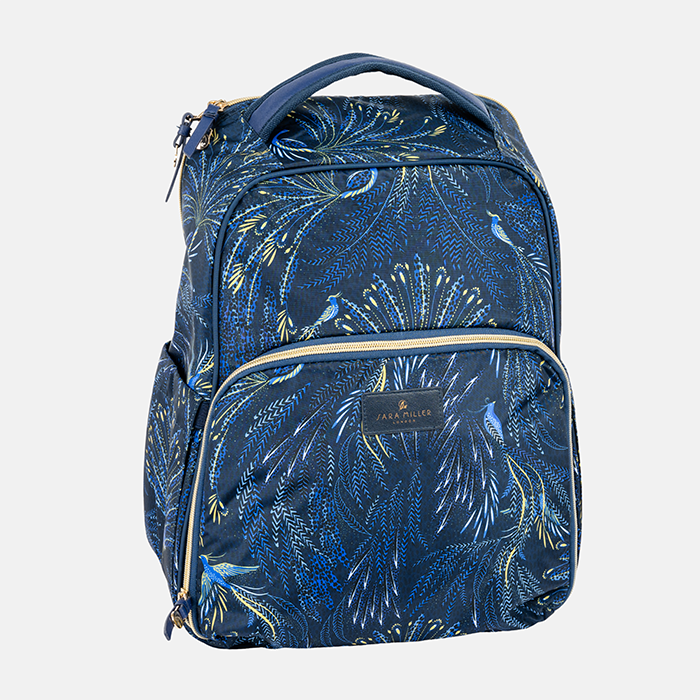 Blue peacock patterned cooler backpack on a light grey background