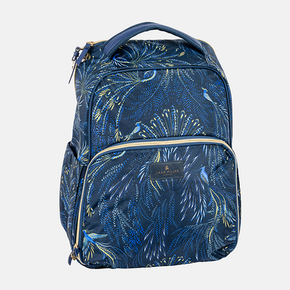Blue peacock patterned cooler backpack on a light grey background