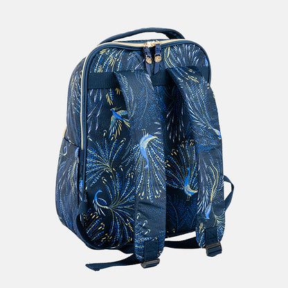 Blue peacock patterned cooler backpack with on a white background