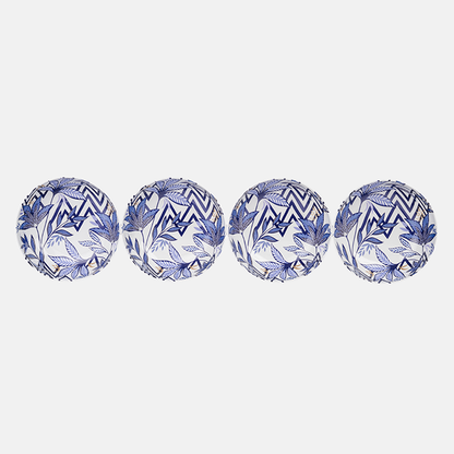 Four patterned plastic bowls with blue floral patterns on a white background