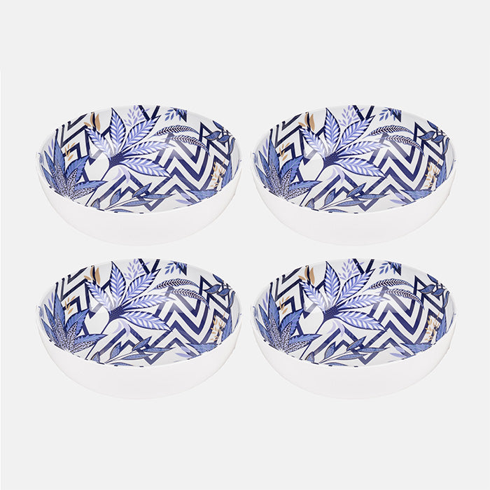 Four plastic bowls with blue and white patterns on a white background