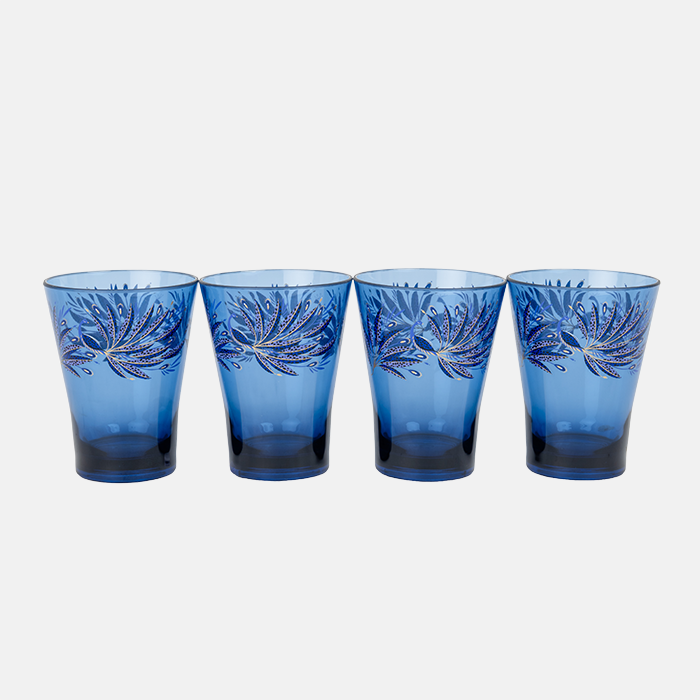Four blue plastic tumblers with floral designs on a white background