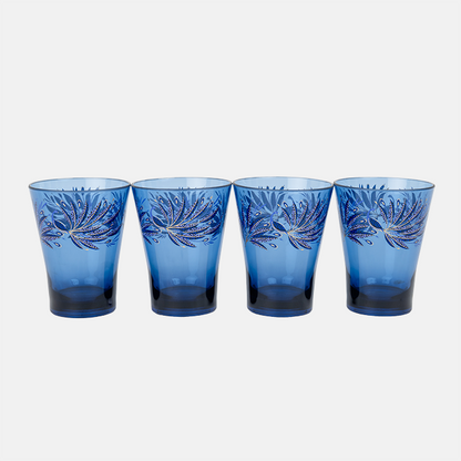 Four blue plastic tumblers with floral designs on a white background