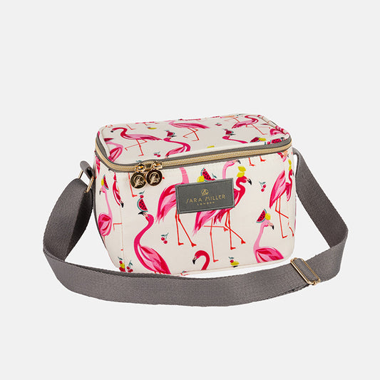 Cooler bag with flamingo pattern on a light grey background
