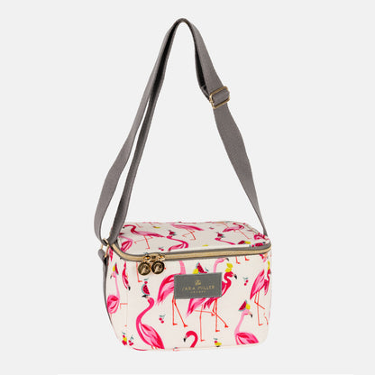 Cool bag with flamingo pattern, shows long cross body strap