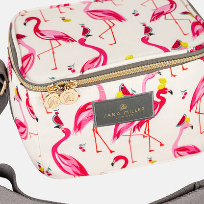 Cool bag with flamingo pattern and Sara Miller London logo