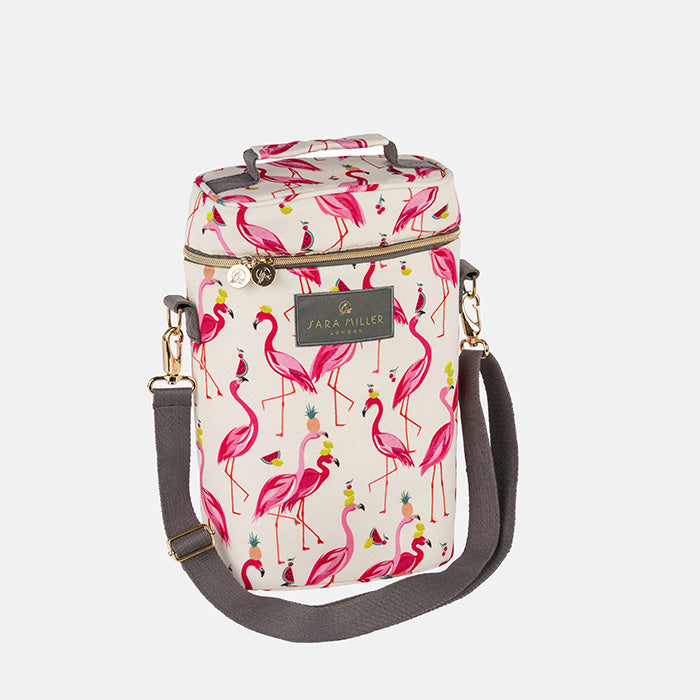 Flamingo patterned cooler bag on a white background