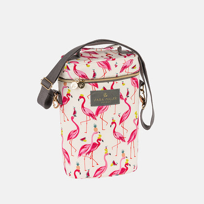  Insulated cooler bag with flamingo pattern, shows long shoulder strap