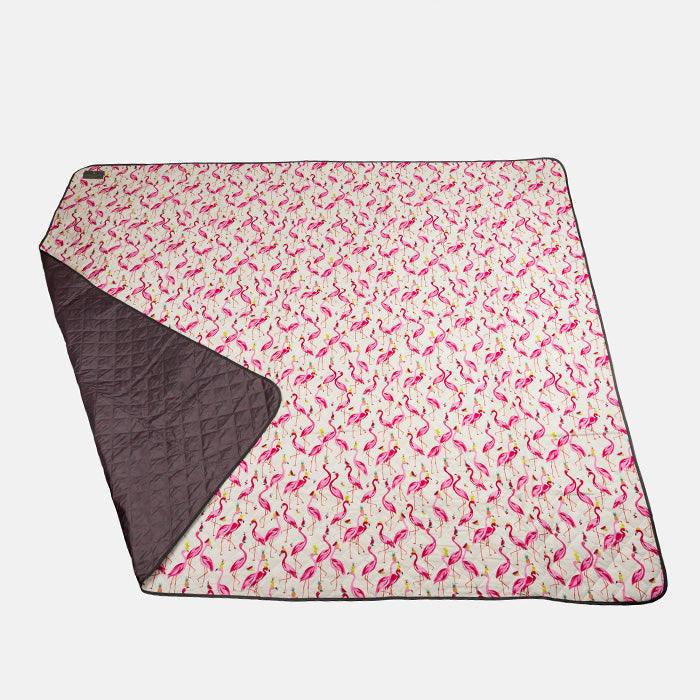Flamingo patterned picnic blanket with grey reverse