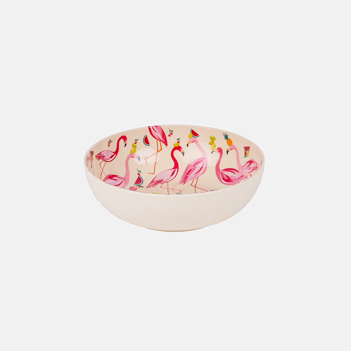 Plastic bowl with flamingo design on a white background