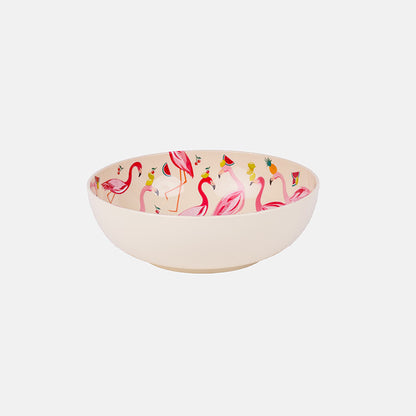 Plastic bowl with flamingo design on a white background