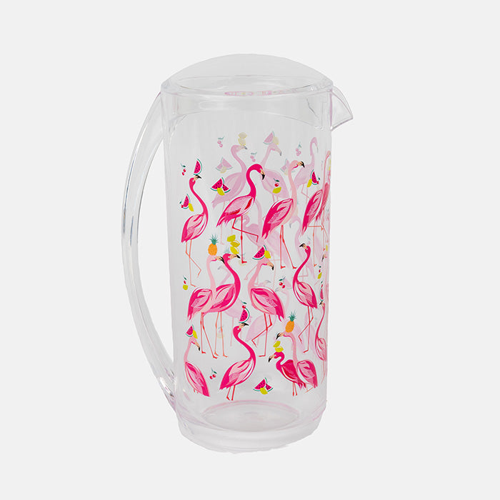 Clear plastic pitcher with pink flamingo design on a white background
