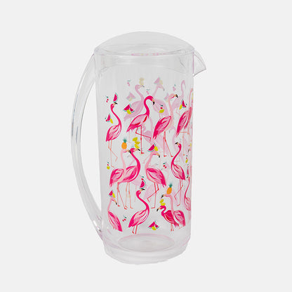 Clear plastic pitcher with pink flamingo design on a white background
