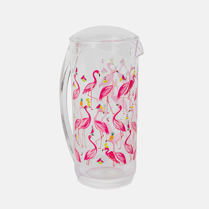 Clear plastic pitcher with pink flamingo design on a white background
